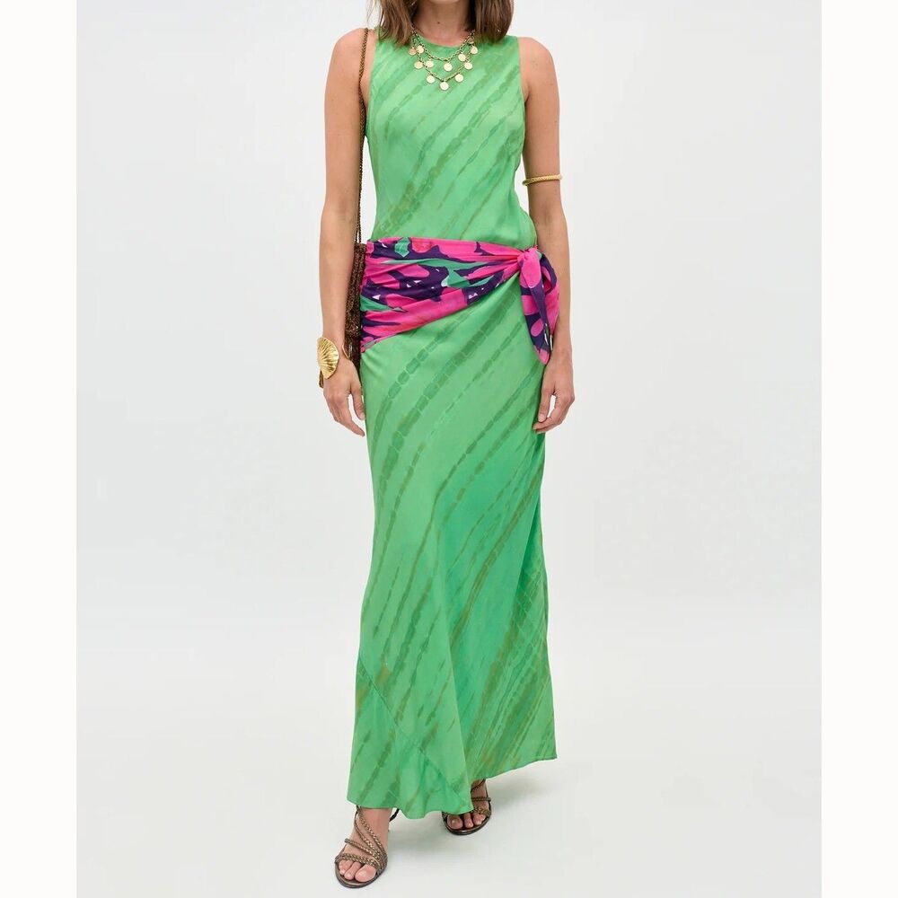 RIXO Yousra Crepe de Chine Maxi Dress Tie-Dye Print Green Sleeveless XS 291278
